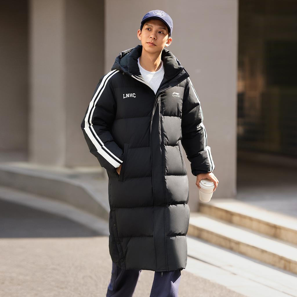 Li Ning Hot Pot Down Series водоотталкивающая дальняя инфракрасная теплая куртка с капюшоном на молнии для отдыха на открытом воздухе повседневная зимняя длинная куртка-пуховик для мужчин верхняя одежда черного цвета AYMU449-4