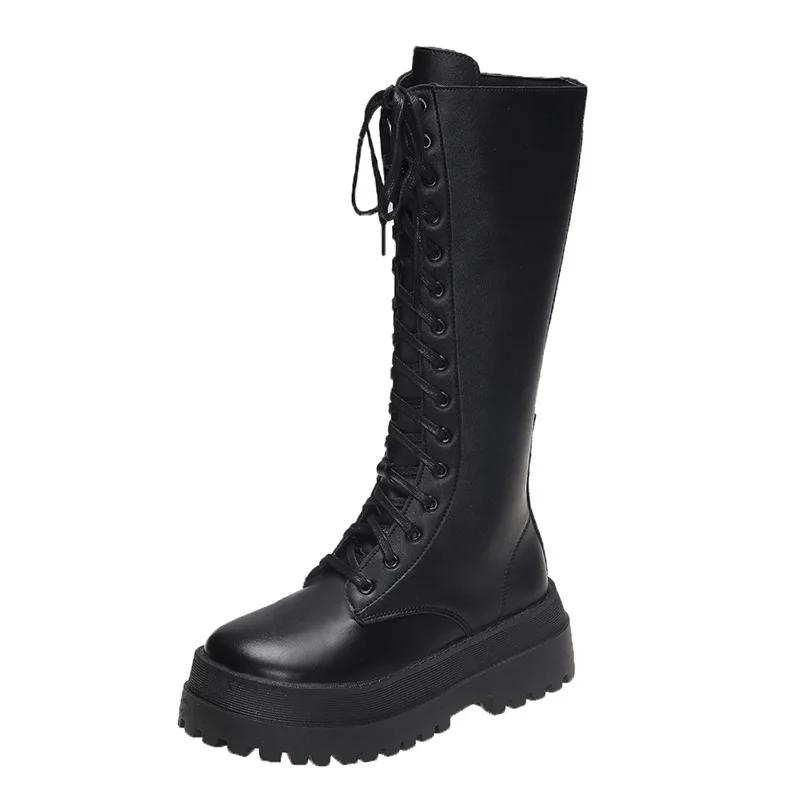 Women Knee High Boots Thick Sole Punk Style Women Motorcycle Boots Retro Square Heel Lace Up Women Boots Black White Botas Mujer