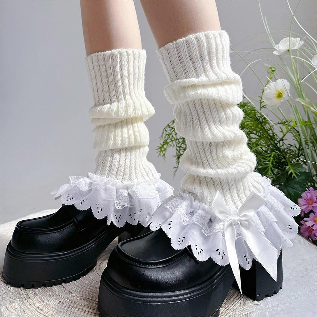 Girls Lolitas Ruffle Frilly Leg Warmers Knitted Leg Sleeves Goth Crochet Ankle Heap Socks JK Uniform Foot Covers  White