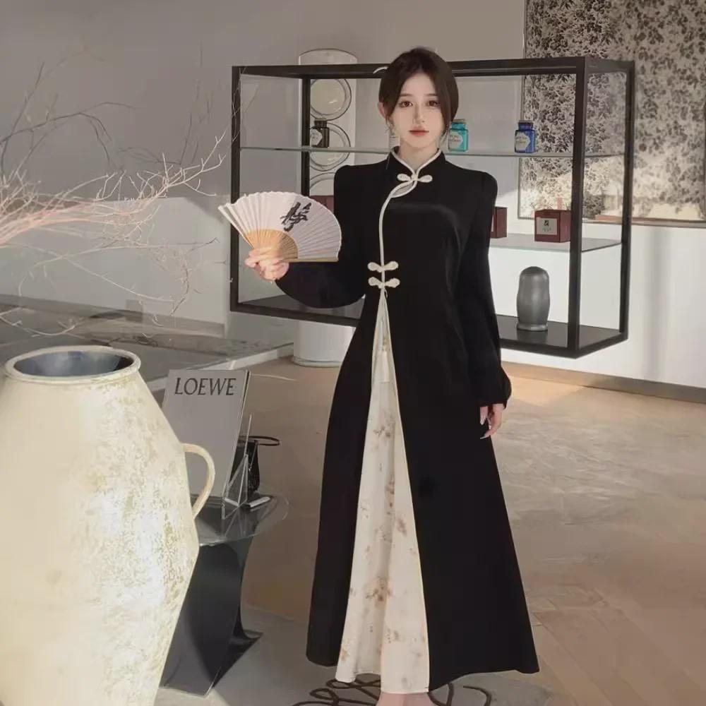 Retro Chinese Style Long Sleeve Cheongsam Dress - Slimming, High Waist, Plus Size for Spring and Autumn