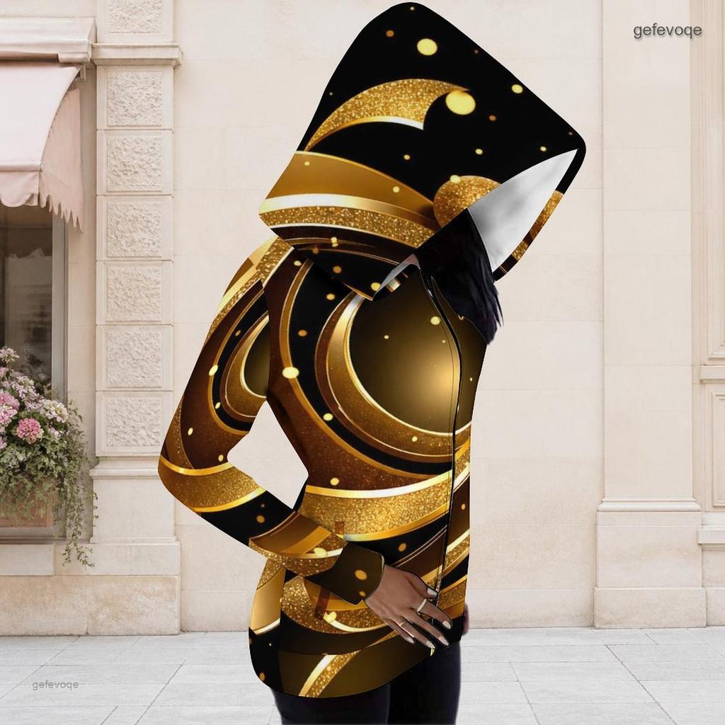 Women Plus Size Fitted Long Sleeve Hooded Top Black Gold Geometric Printed