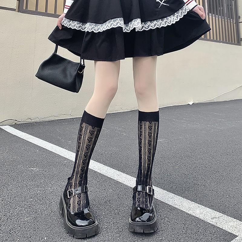 Японские кружевные чулки Детские тонкие гольфы до середины икрыТрендовый ажурный жаккард с сердечкамиБелые гольфыЧулки-сеткаStude
