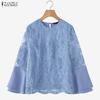 Women Casual Round Neck Loose Lace Patchwork 3/4 Sleeve Blouse