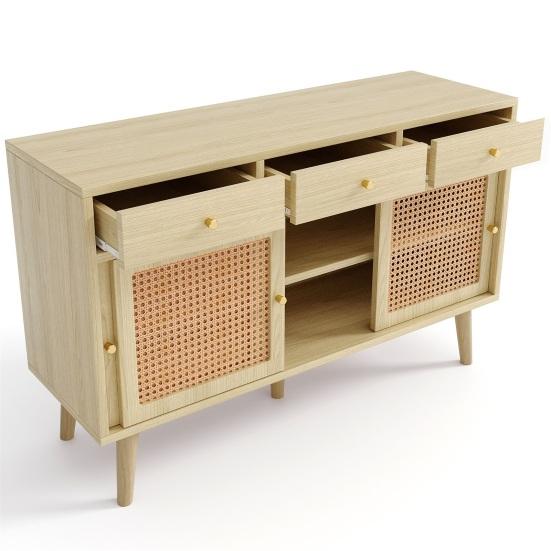 Wide Storage Organizer Cabinet Sideboard, Chest of Drawers with 3 And Sliding Doors, Rattan Wickerwork on The Door Fronts, Solid Wood Legs,