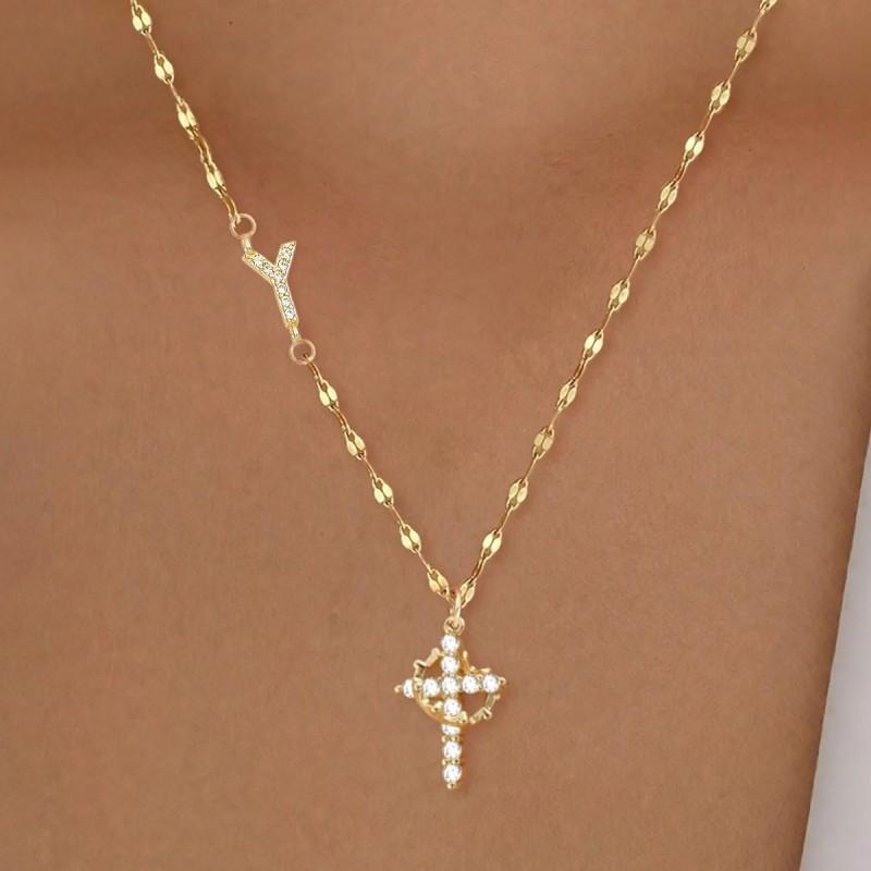 Cross Shape Letter Necklace Women Gold Plated Copper Pendant Versatile Fashion Jewelry