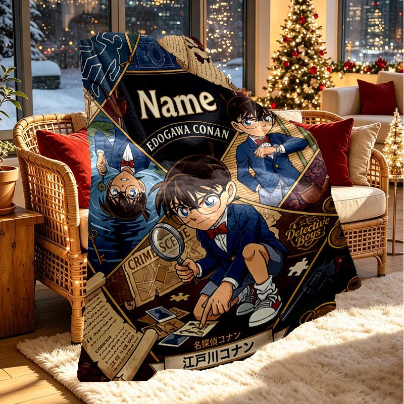 Custom Name Personalized Detective Conan Print Blanket, Home Decor, Bedroom, Sofa, Camping, Couch, Gifts for Birthday Christmas