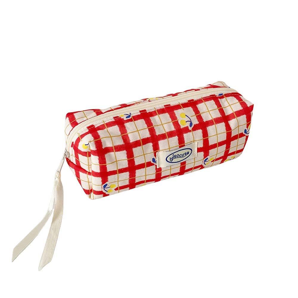 Large Capacity Y2K Cherry Pencil Case Checkered Cartoon Cherry Makeup Bag Korean Pencil Bag Gifts