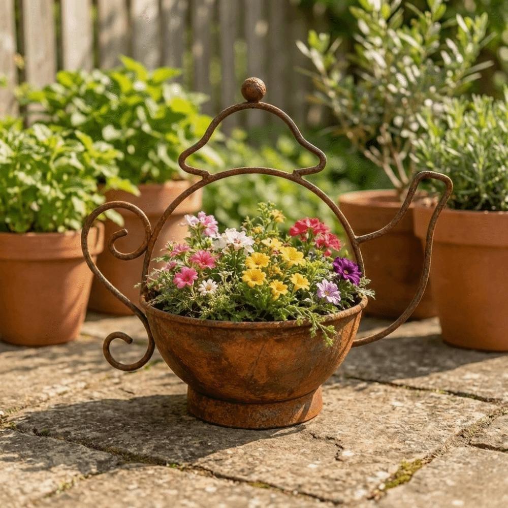 Decorative Kettle Shape Flower Pots Rust-Resistant Metal Teapot Planter Balcony