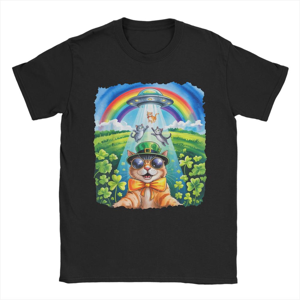 St Patricks Day Cat Selfie with Leprechaun Funny Photo T Shirt Beach Cotton T Shirts For Unisex Harajuku Casual Tee Shirt