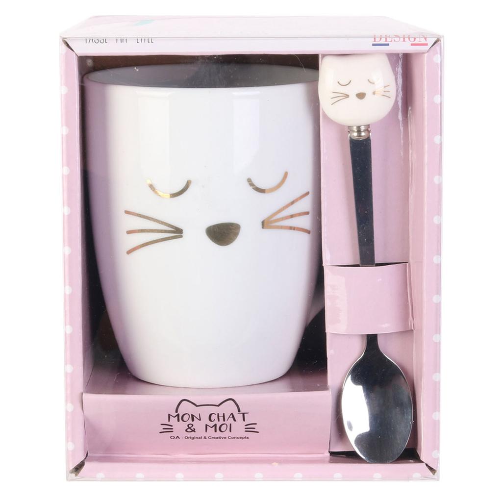 Les Trésors De Lily [R2423] - White Porcelain Mug 'Cats' (with Spoon) - 30 Cl