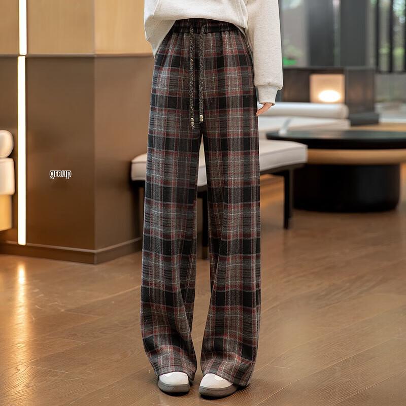 Women's Wide-Leg Plaid Drawstring Casual Pants