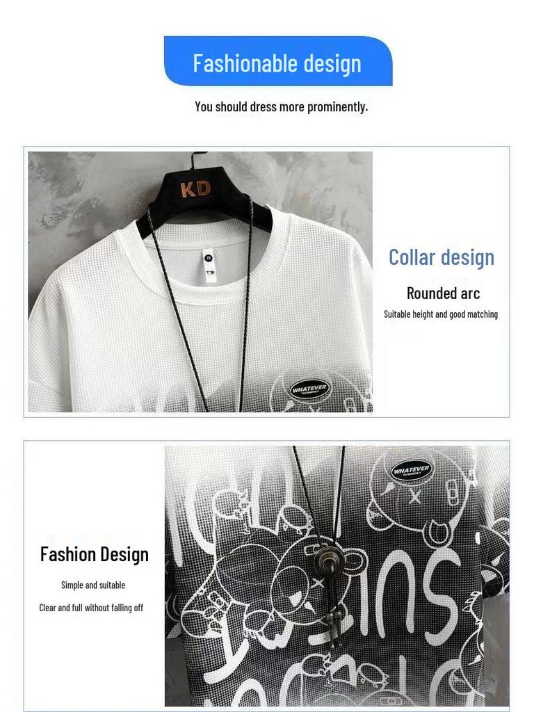 Мужской летний вафельный костюм из ледяного шелка, состоящий из двух частей, в стиле кэжуал - футболка с коротким рукавом и шорты