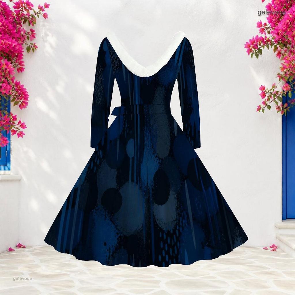 Women Plus Size V Neck Furry Trim Long Sleeve Printed Dark Blue Tie Waist A Line Midi Dress
