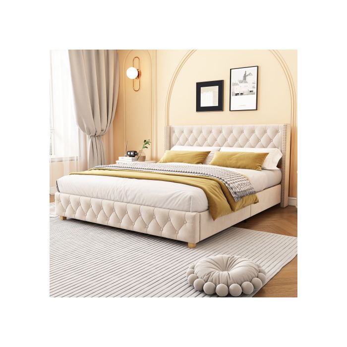 Lit - MUVOE - 180x200 cm - Rembourré - Tête de lit avec boutons - Beige clair