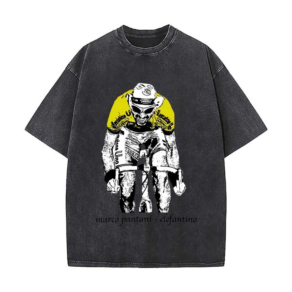 Marco Pantani Elfantino Cycling Legend Tribute Art Vintage Distressed Washed Cotton Short Sleeve Streetwear Outfit