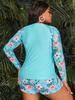 2024 Plus Size European & American Long Sleeve Tankini with Printed Design and Flat Leg Shorts.