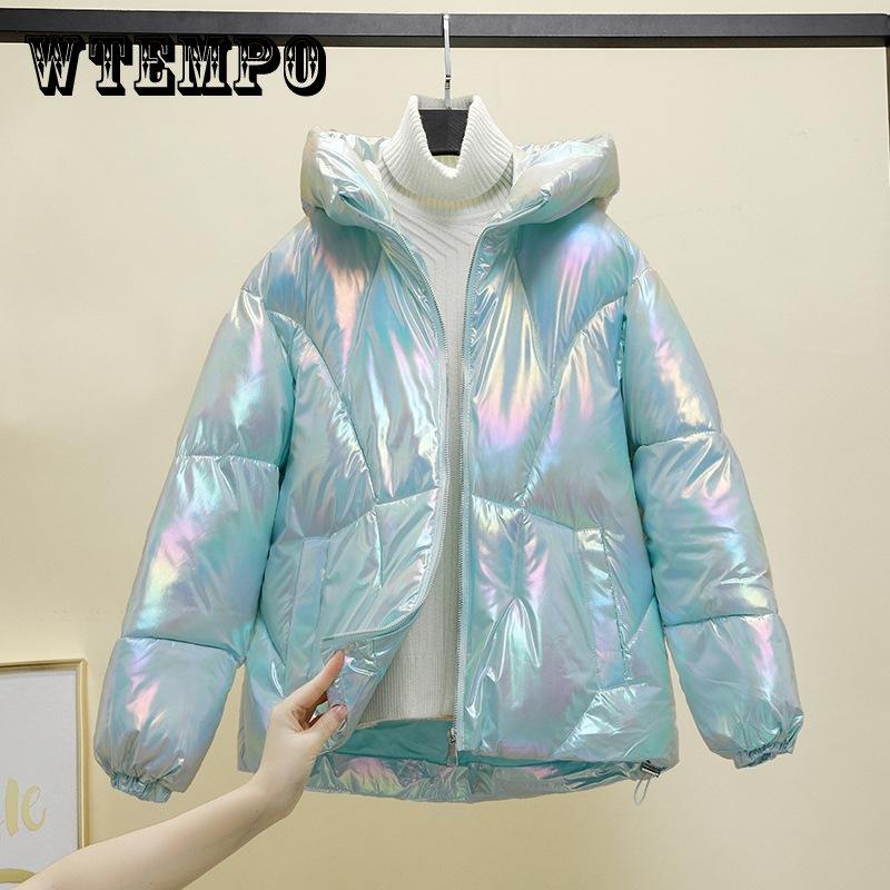 Женские парки, модная зимняя куртка, блестящая пуховая парка с хлопковой подкладкой, верхняя одежда с капюшоном, однотонная женская куртка, зимнее пальто