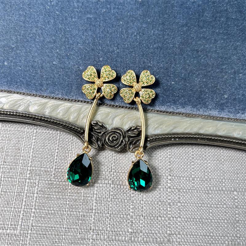 Серьги-подвески Osc Retro Gold с изогнутым крючком, в виде четырехлистного клевера и зеленого бриллианта-капли для женщин