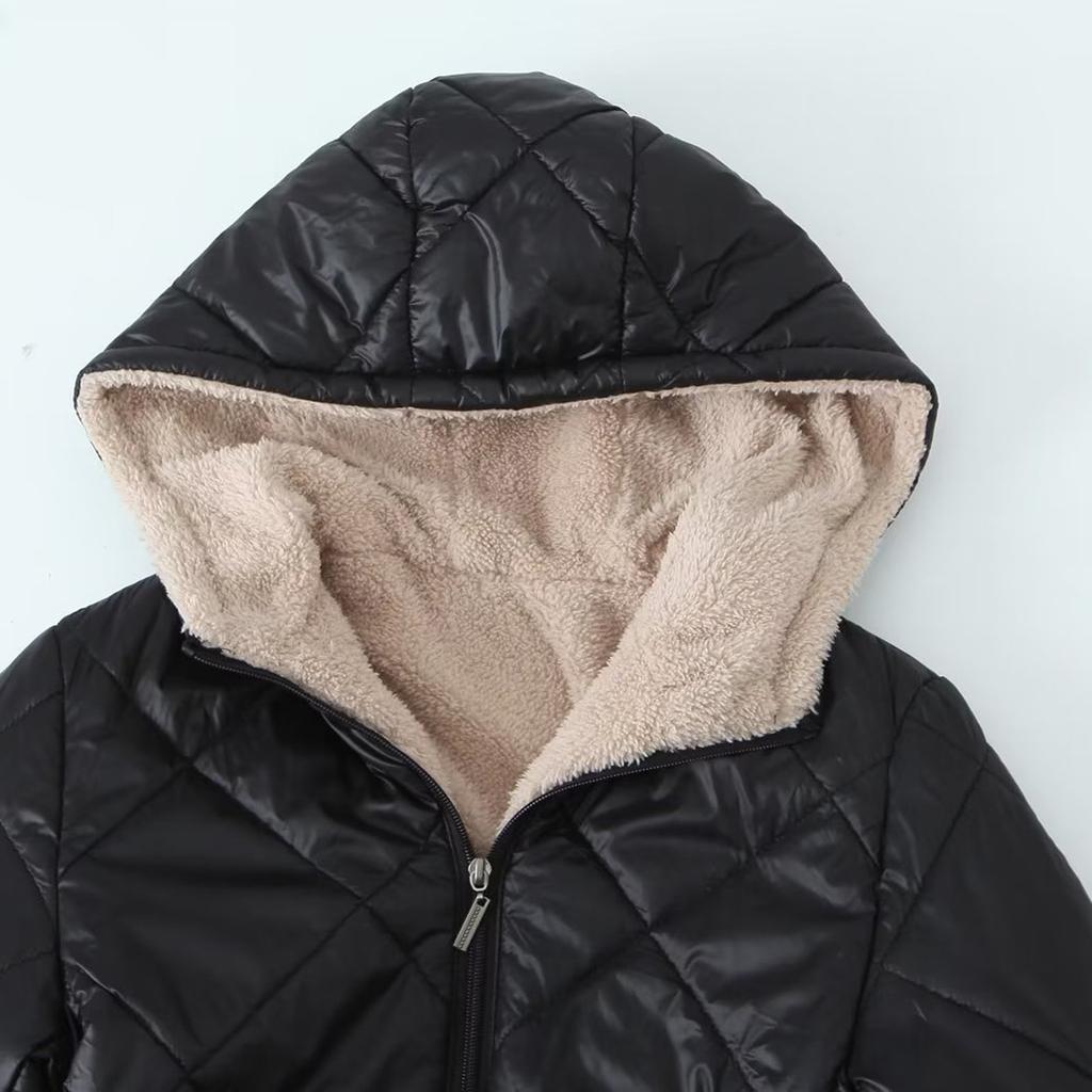 Women's Coat Solid Color Lambfleece Glossy Geometric Check Hooded Zipper Mid-length Cotton Jacket