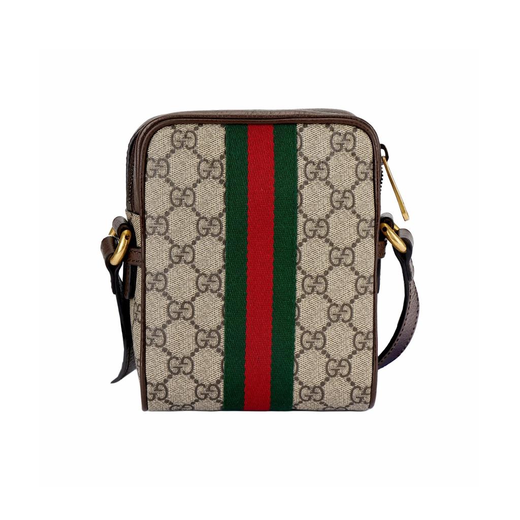 GUCCI Ophidia Vintage Logo Striped Webbing Canvas and Leather Shoulder Bag Regular Unisex Couple's Style Ebony and Brown
