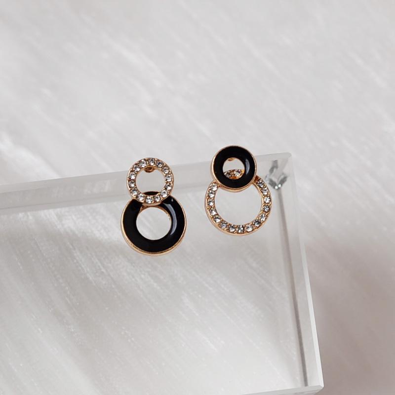 Asymmetric Double Round Stud Earrings For Women Crystal Black Red Enamel Hollow Geometric Jewelry Party Girl's Earrings
