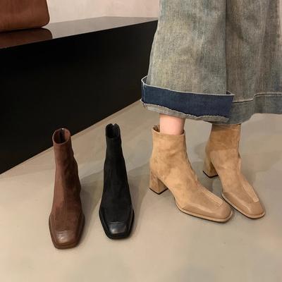 Черные толстые каблуки, высокие каблуки, женские короткие сапоги на осень и зиму, женские одинарные сапоги, тонкие сапоги с квадратным носком, короткие замшевые сапоги без каблука