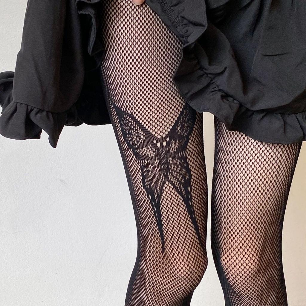 Kawaii Gothic Hollow Out Pantyhose Lolita Bow Knot Fishnet Stockings Women Spicy Girl Black White Sexy Thin Ins Tide Lace Tights