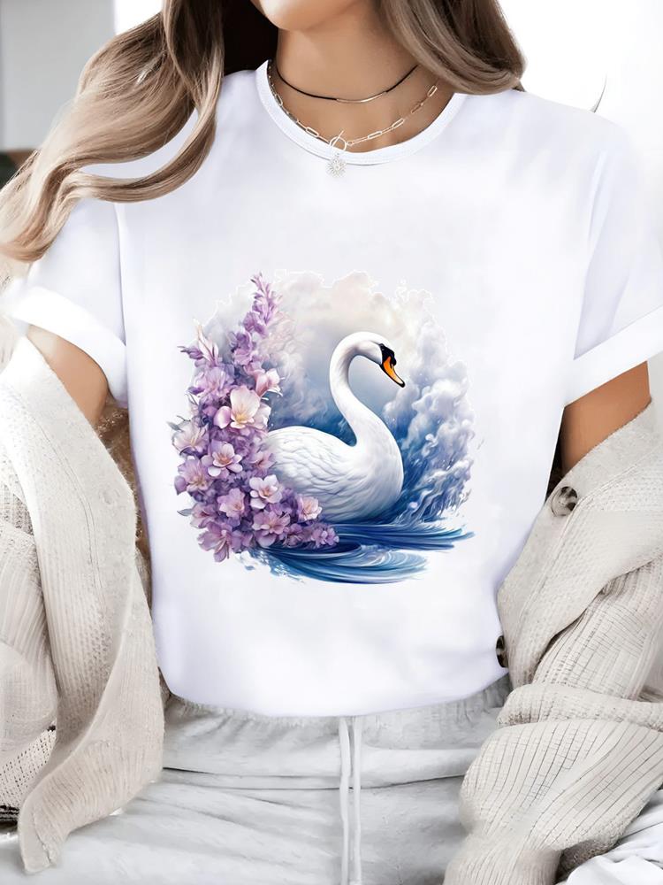 (Азиатский размер) Повседневный женский топ Футболки Мода Круглый вырез Женская одежда Сладкий стиль Милый принт Короткий рукав Графическая футболка