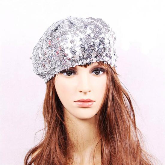 Sequin Beret for Women Sparkling Stage Effect No Brim Flat Top Solid Color Parties Performances Headwear Lady Cap