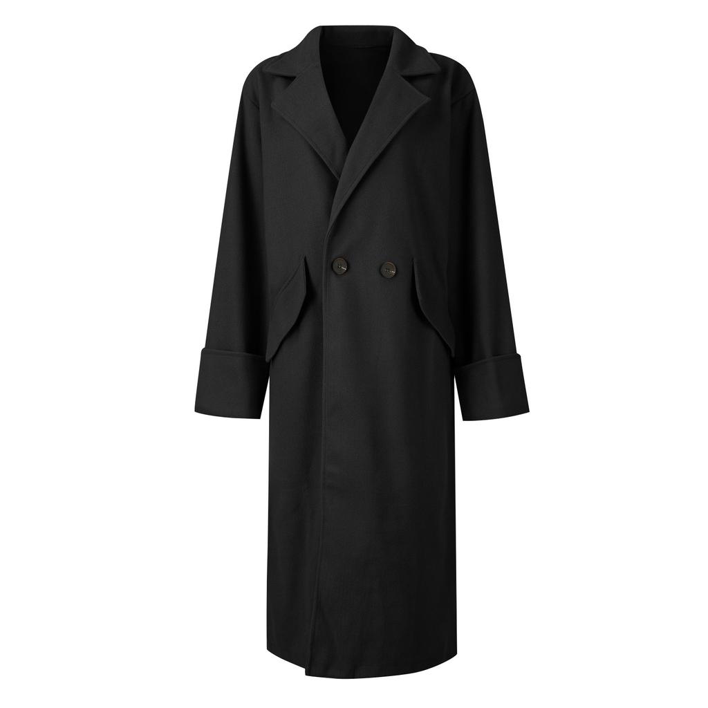Women's Fashion Casual Loose Fitting Solid Color Long Suit Collar Jacket Woolen Coat