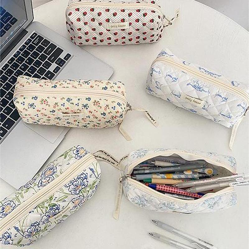 Kawaii Pencil Case Korean Style Simple Floral Pencil Pouch For Girl Soft Cotton Large Capacity Stationery Storage Bag