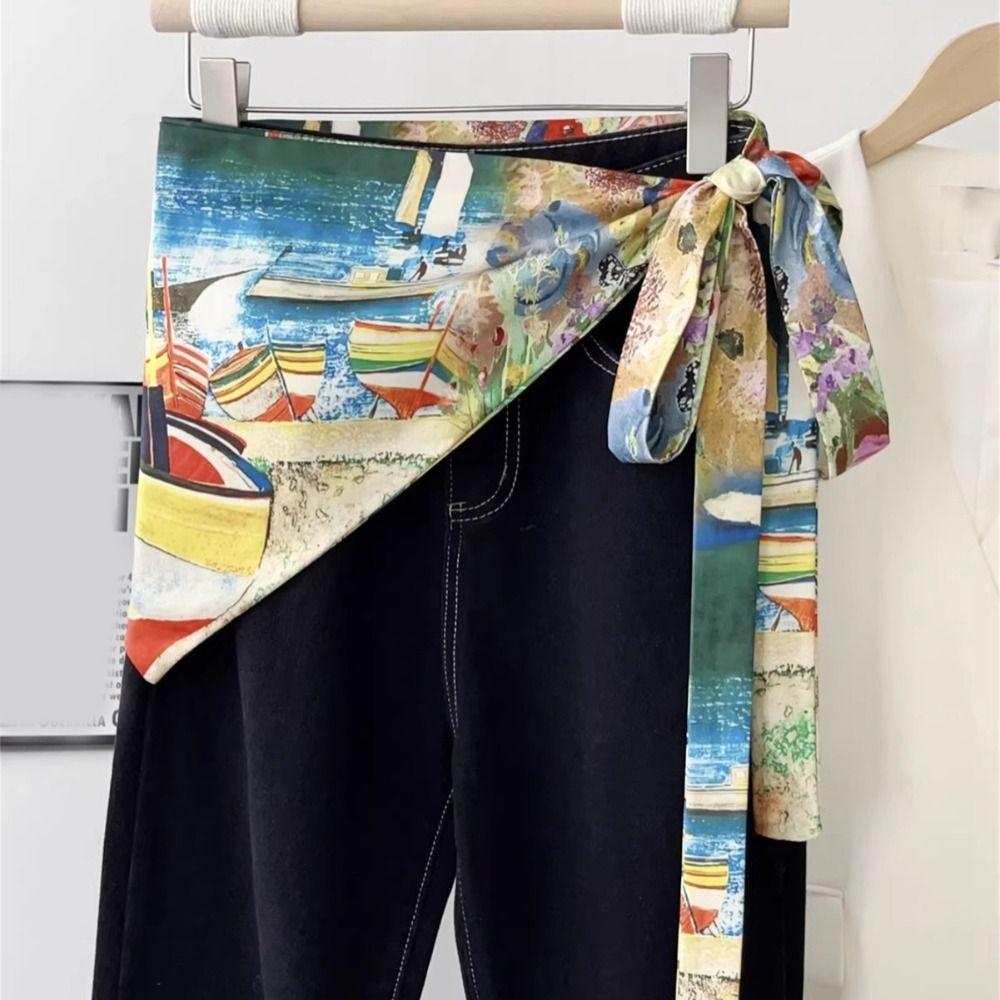 Self Tie Bow Waist Sash Scarf Landscape Print Printed Scarf Belt Silk Scarf Belt Spring Autumn