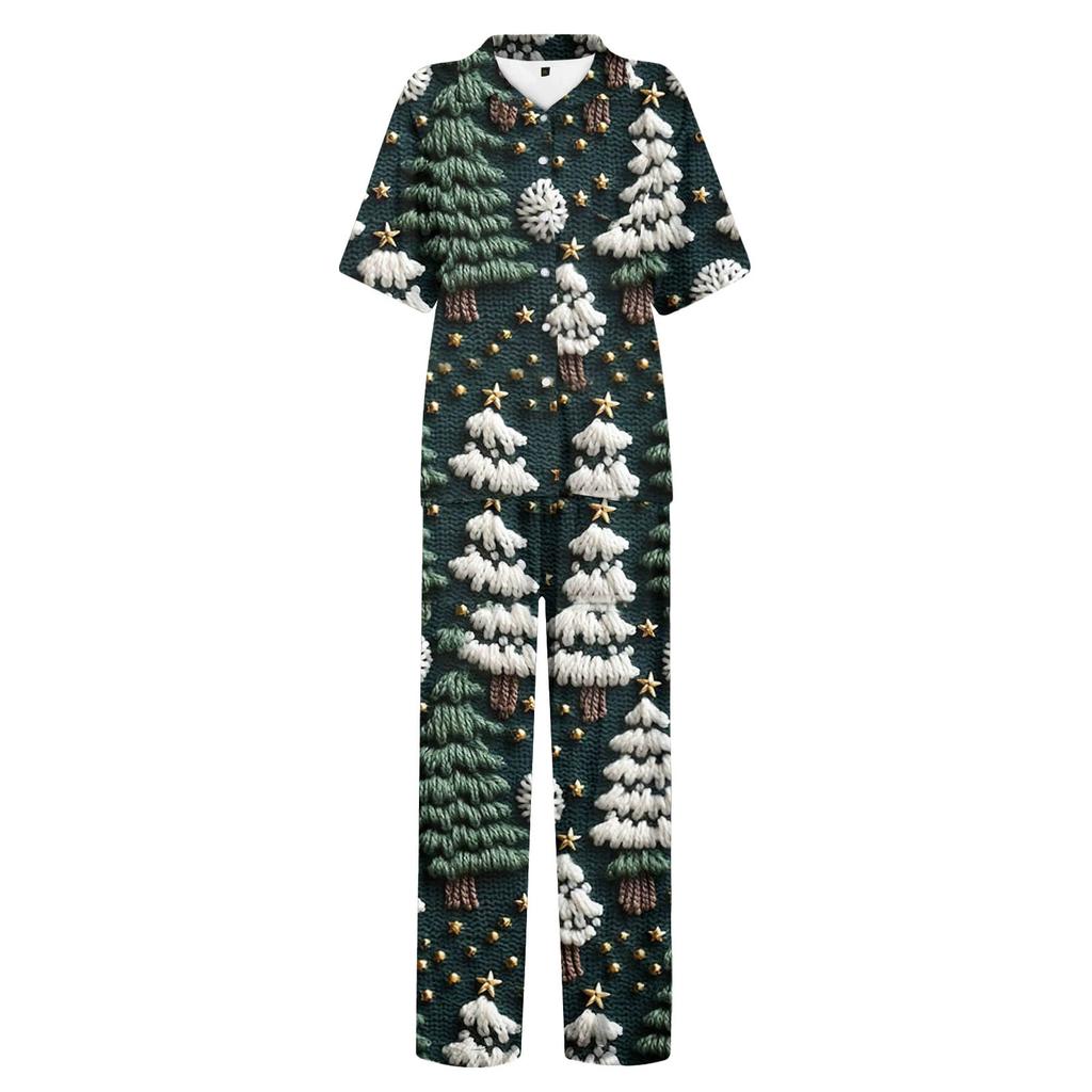 Women's Christmas Print Pajama Set Women's Short Sleeve Long Pants Two-piece Set Button-up Home Clothes