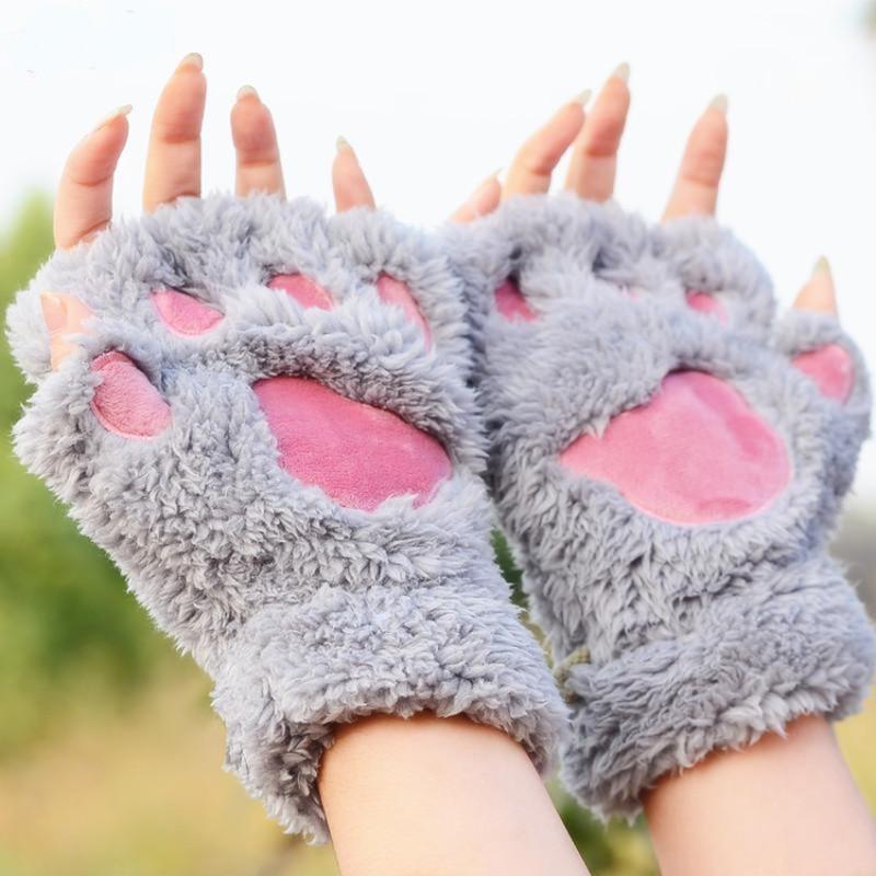 Autumn and Winter Cute Cat Claws Half Finger Plush Gloves Student Writing Plush Leak Finger Warm Half Finger Bear Paw Gloves