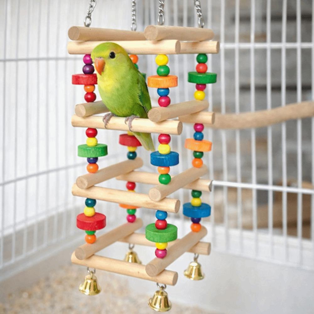 Colorful Wooden Parrot Chew Toys Hanging with Bells Parrot Swing Toy Bite Resistant Multi Layer Bird Climbing Ladder Cage Stand