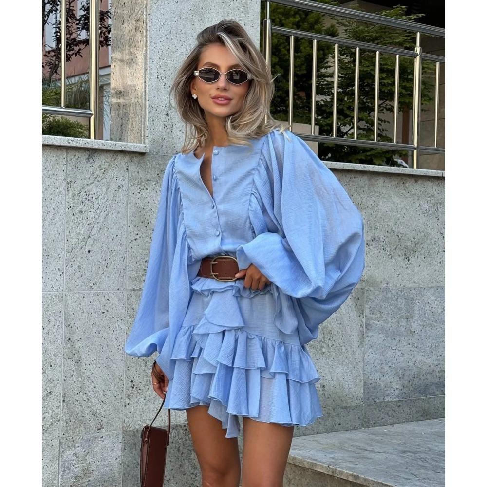 Elegant Solid Layered High Waist Mini Vestidos Women Chic Long Sleeve See Through Ruffles Single Breasted Dress New Street Wear