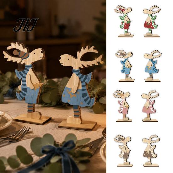 Rustic Wood Holiday Centerpieces 2Pcs Wooden Christmas Reindeer Ornaments, Cute Elk Desktop Decorations, Festive Ornaments for Party Double
