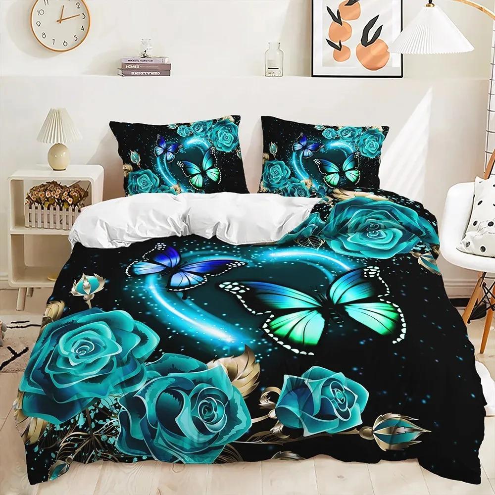 Purple Butterfly Rose Bedding Sets Fashion Duvet Cover Sets Twin Full Queen King Size Pillowcase for Boys Adult Gift Bed Linen