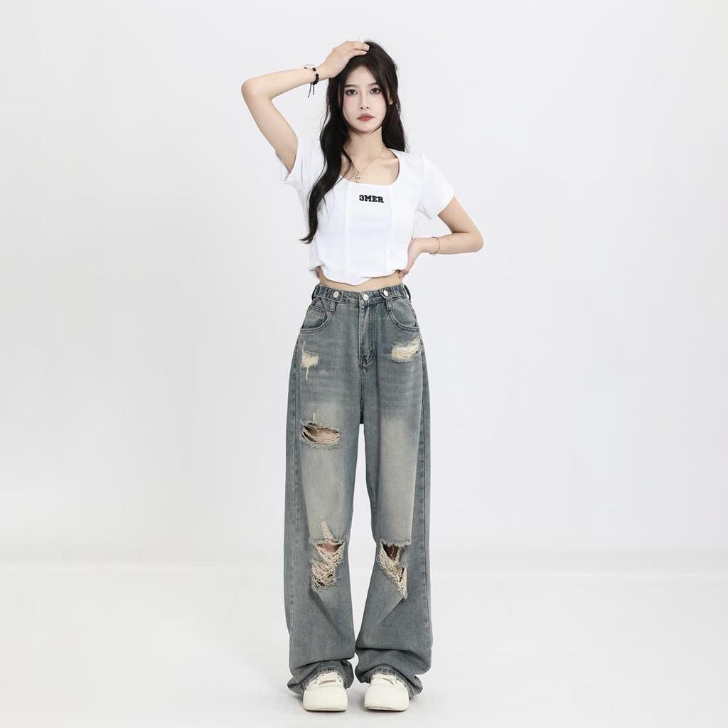 American Retro Perforated Jeans Women's High Waist Straight Crotch Loose Slim Wide-leg Drag Pants