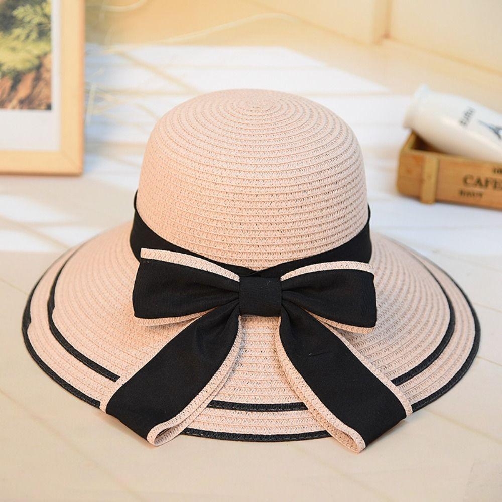 New Summer Women Sun Hat Casual Fashion Bowtie Fisherman Hat Straw Hat with Bow Ribbon Travel Beach Hat