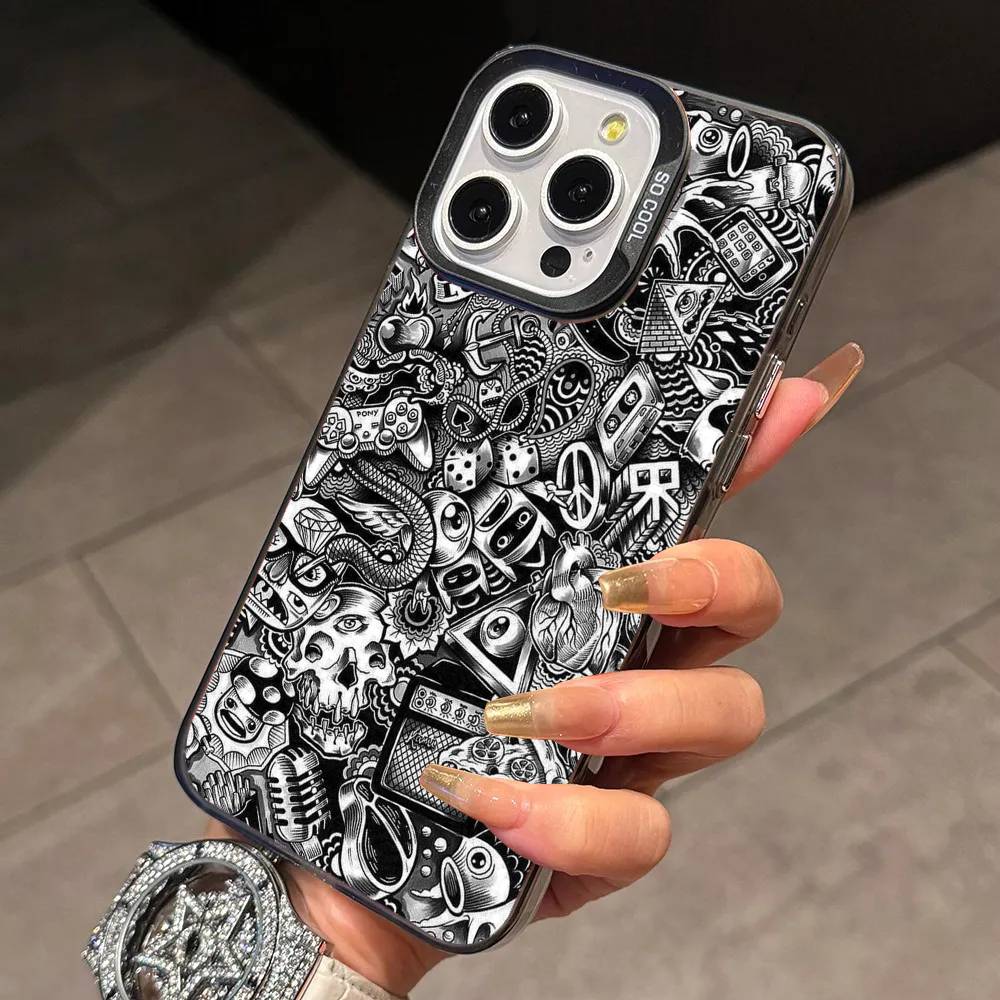 Супер крутой черный граффити чехол для телефона iPhone 17,16,15,14,13,12,11 Plus,Pro Max,XS, Цветной серебристый чехол для телефона Funda Cover