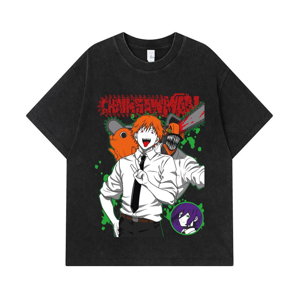 275 GSM Washed T-shirts 100% Cotton Chainsaw Man V46 Denji Print Unisex Heavy Cotton T Shirt