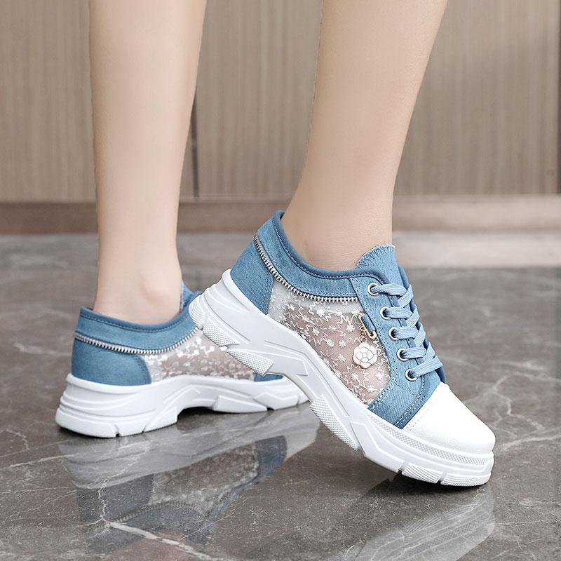Мода Женская обувь Модная летняя повседневная обувь Вырезы Кружева Холст Полые дышащие Платформа Плоские туфли Женские кроссовки