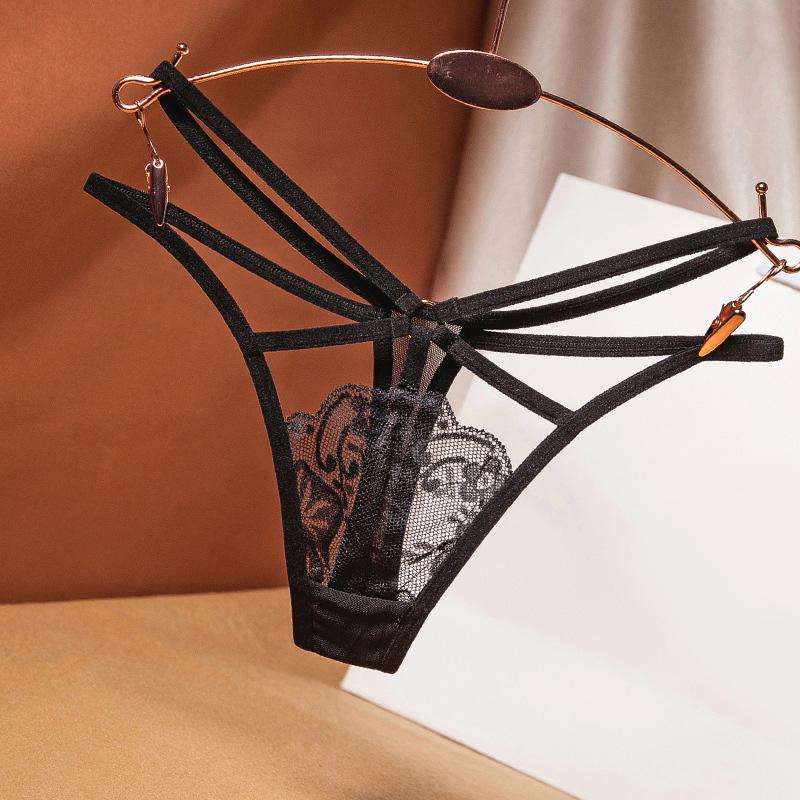 Women's Sexy Lace Thong Underwear Cross Belt T-Back G-String Embroidered Fashion Briefs Cut-Out Perspective Girls' Ladies' Under