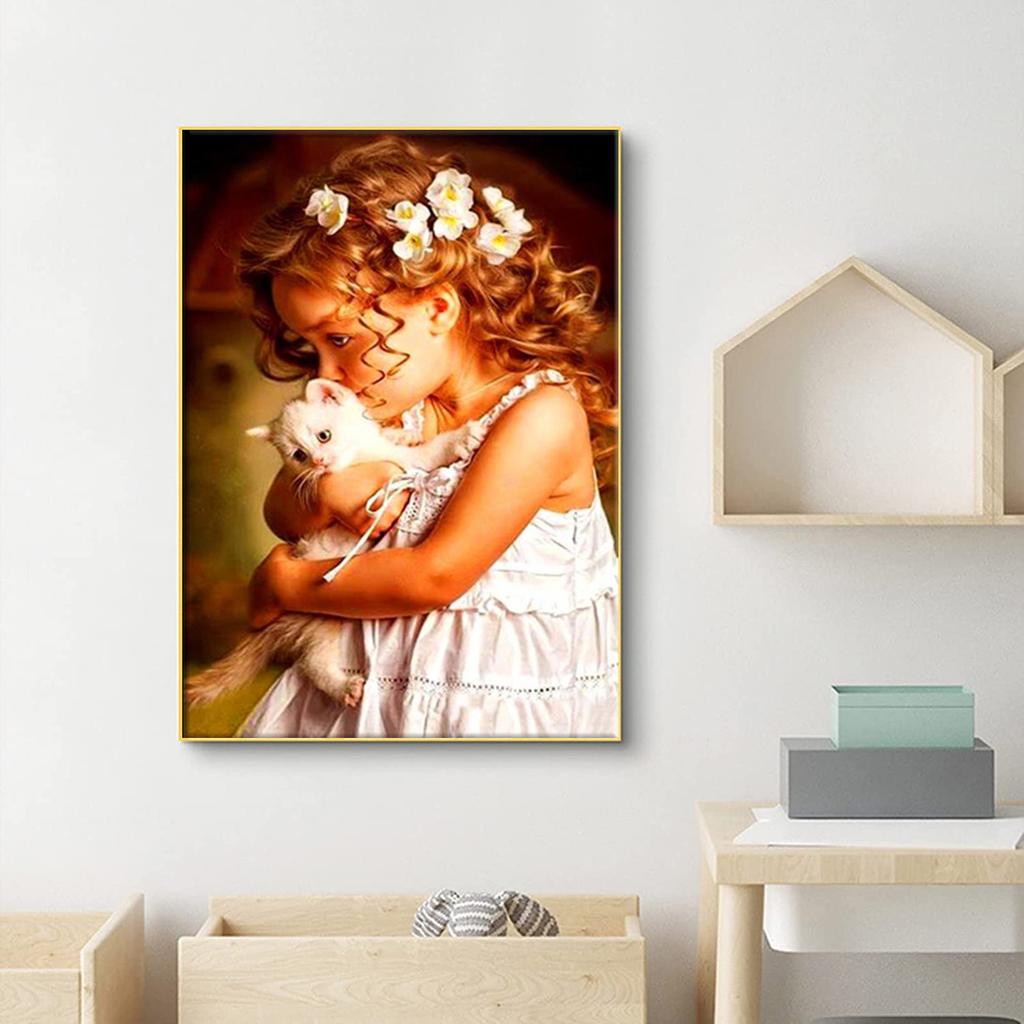 5D DIY Алмазная картина Маленькая девочка и котенок Набор для вышивки крестом Мозаика Алмазная вышивка Роза Полный круглый/квадратный дрель Украшение дома