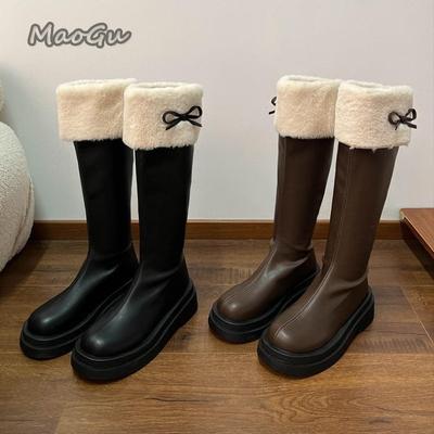 Осень Зима Короткий Плюш Женские Сапоги до Колена Модные Круглый Носок Рыцарские Длинные Ботильоны Botas De Inverno Feminina Размер 35-39 Коричневый