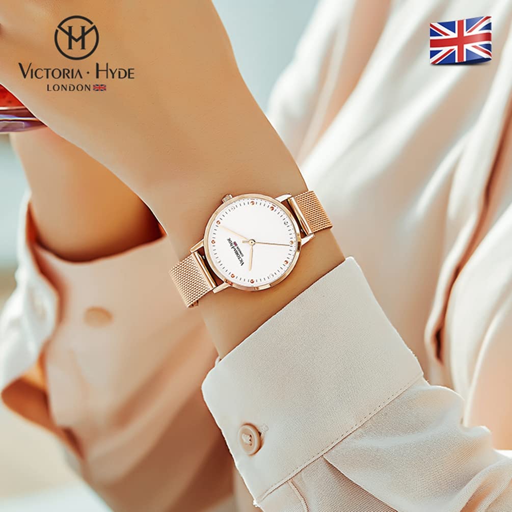 Простые японские кварцевые повседневные водонепроницаемые часы, модные часы с сетчатым ремешком из нержавеющей стали, подарок [VICTORIA HYDE] для женщин (Золото)