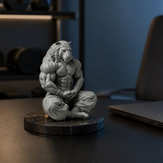 Yousheng 3D Printed Tiger Man Figurine, Muscular Tiger Figure Ornament, Minimalist Animal Sculpture with Muscular Details, Zen Posture Desktop