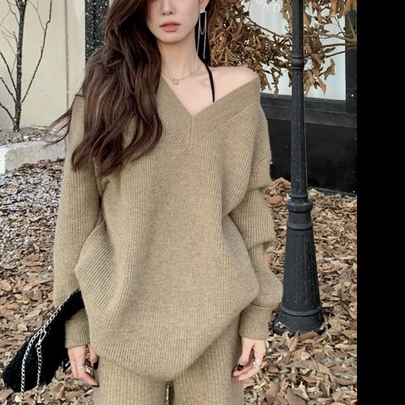 Женский облегающий вязаный костюм с напуском на весну и осень, свободный свитер с v-образным вырезом + широкие брюки с высокой талией, комплект из двух предметов