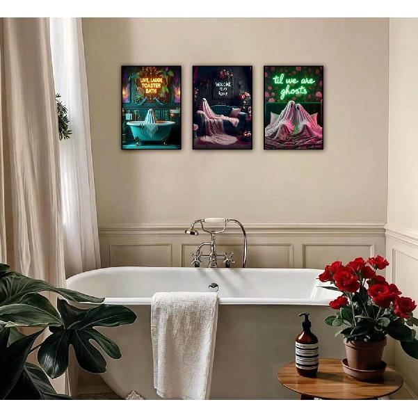 3Pcs Halloween Neon Bathroom Wall Art Tropical Ghost Dying To Relax Painting Picture Wall Decor Fashion Funny Gothic Ghost Toaster Poster Print